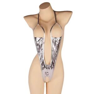 3/$12 Silver Metallic Open Crotchless Dancer Costume Bodysuit Lingerie